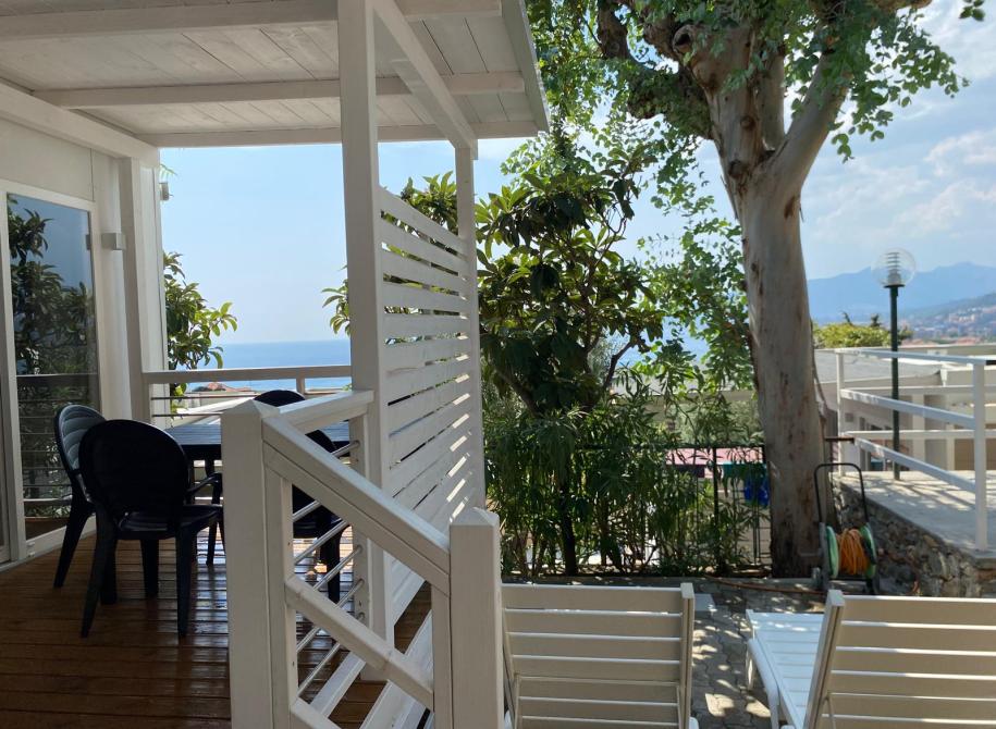 Seaside terrace, relaxation among trees and blue sky.